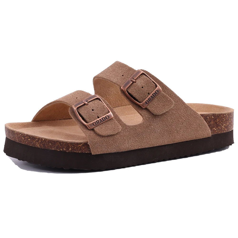 Litfun Women's Cork Footbed Sandals Classic Flat Sandals Fashion Thick Bottom Double Buckle Slides Beach Sandals With Adjustable