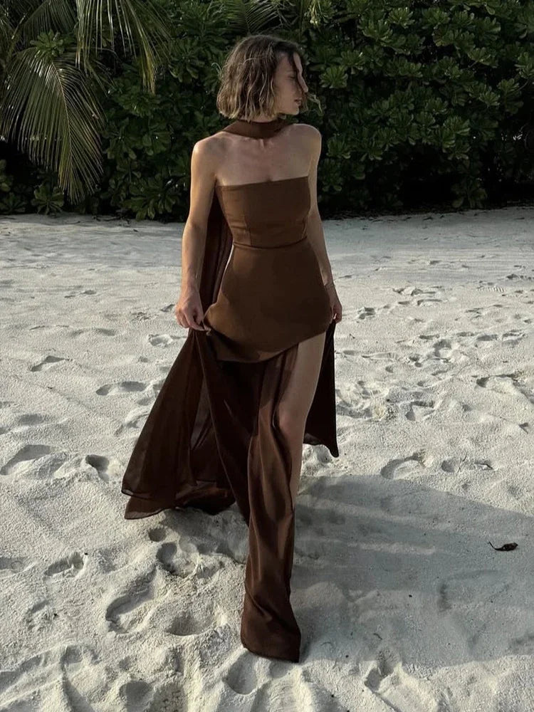2025 New Strapless Dress With Ribbon Women's Elegant Sleeveless Mesh Beach Vacation Long Dress Spring Fashion Lady Dress