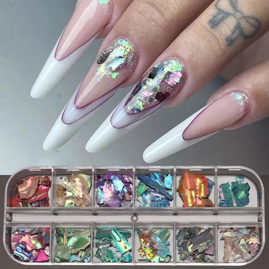 6/12Grid Abalone Sea Shell for Nails Holographic Mirror Nail Art Glitter Flakes Rainbow Mermaid Irregular Sequins Manicure Decor