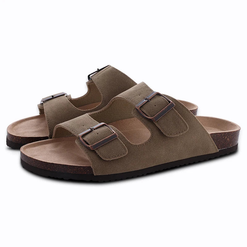 Litfun Women's Cork Footbed Sandals Classic Flat Sandals Fashion Thick Bottom Double Buckle Slides Beach Sandals With Adjustable