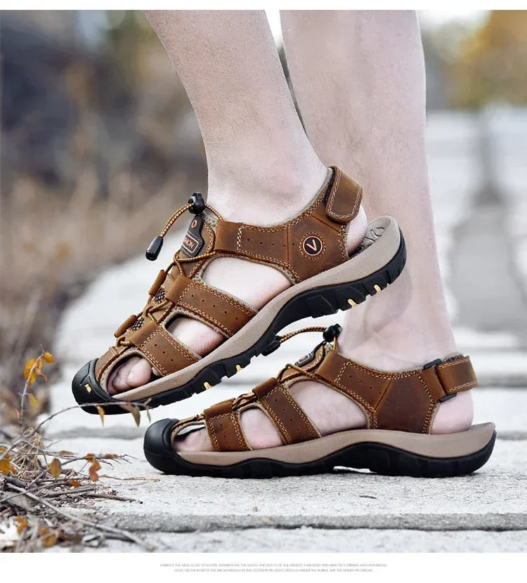 Summer Sandals Leather Outdoor Men Beach Shoes Luxury Breathable Casual Sandal Man Wading Shoes Non-slip Wide lining Slippers