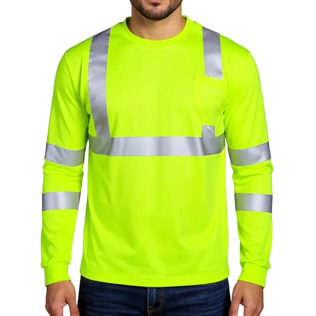 High Visibility Long Sleeve Round Neck T-shirt Reflective Workwear For Engineering Wharf Moisture Wicking Casual Men Top