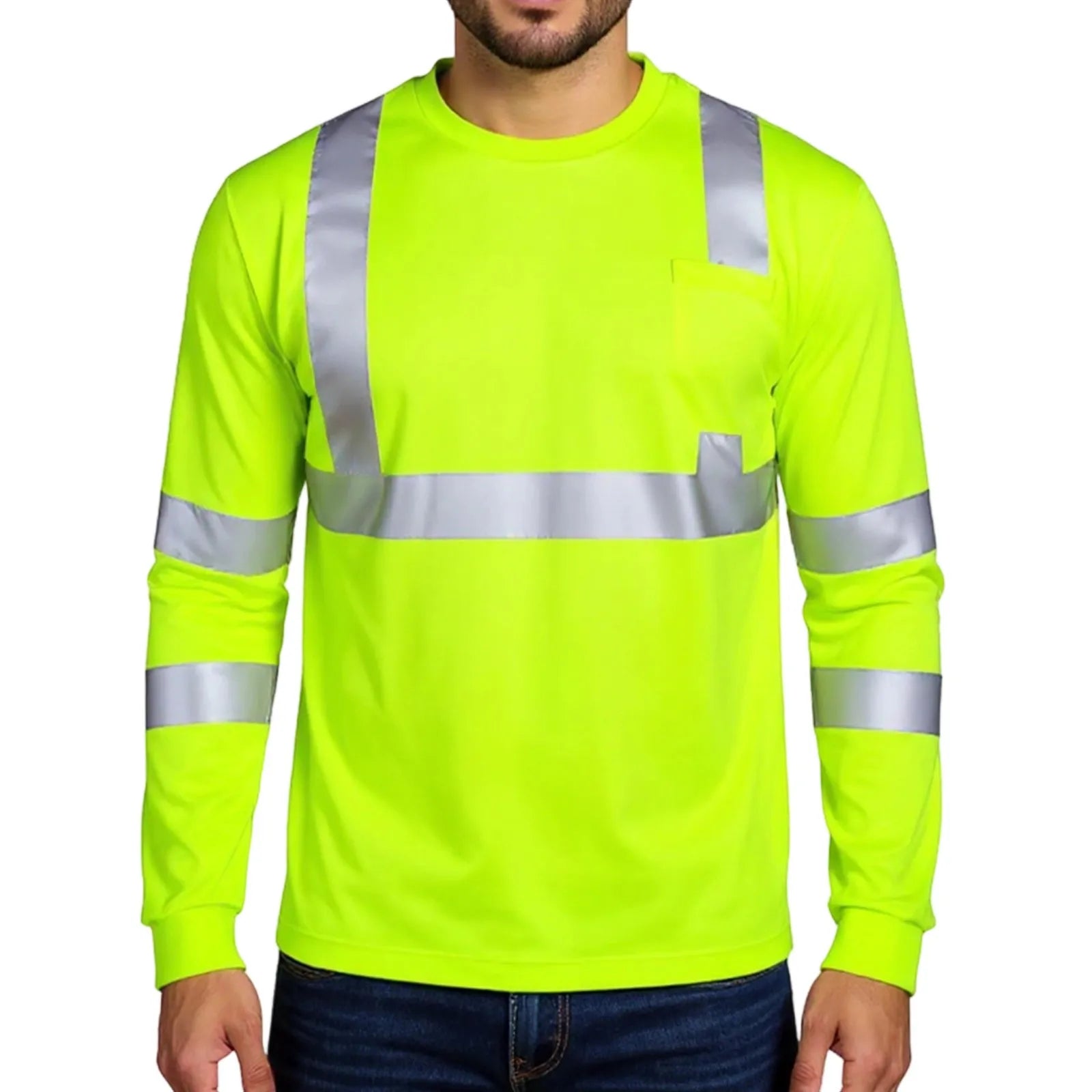 High Visibility Long Sleeve Round Neck T-shirt Reflective Workwear For Engineering Wharf Moisture Wicking Casual Men Top