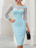 Off The Shoulder Sweetheart Neck Sheer Mesh Long Sleeve Bodycon Midi Dress For Women