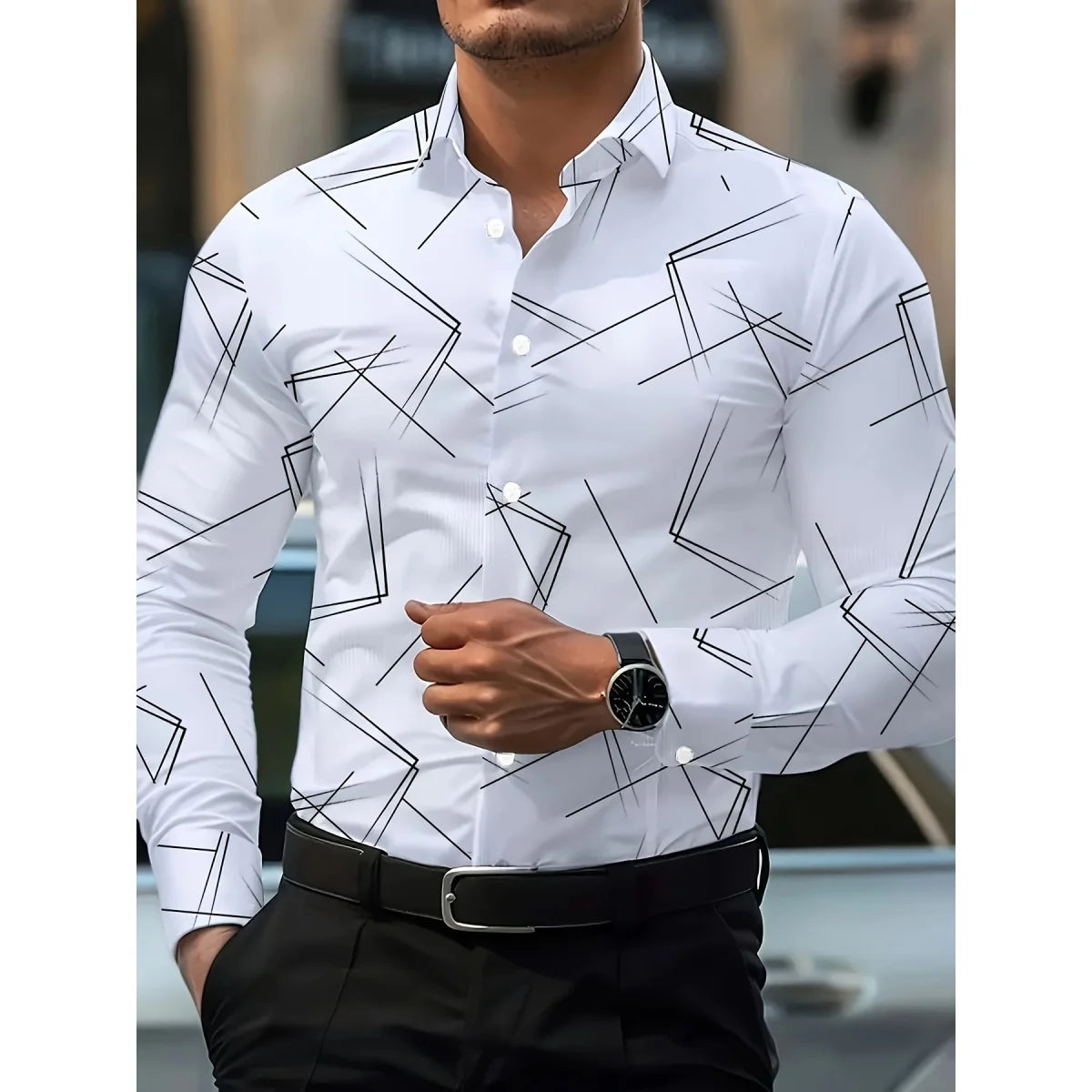 Men's Trendy Geometric 3D Line Print Long-Sleeved Shirt Men's Button up Shirt Casual Fashion Male White Shirt Lapel Shirt Tops