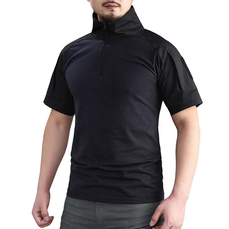 Summer Short Sleeve Combat Shirt Men 1/4 Zipper Cotton Tactical T Shirt Navy Blue Outdoor Shirts With Zipper Pocket