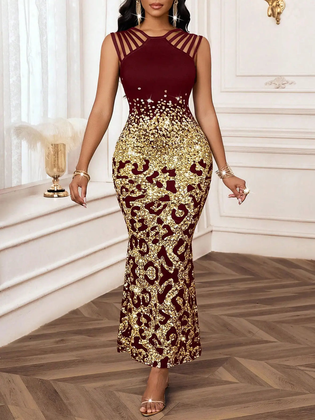 Elegant Leopard Print Fishtail Hem Burgundy Evening Dress With Hollow Out Detail