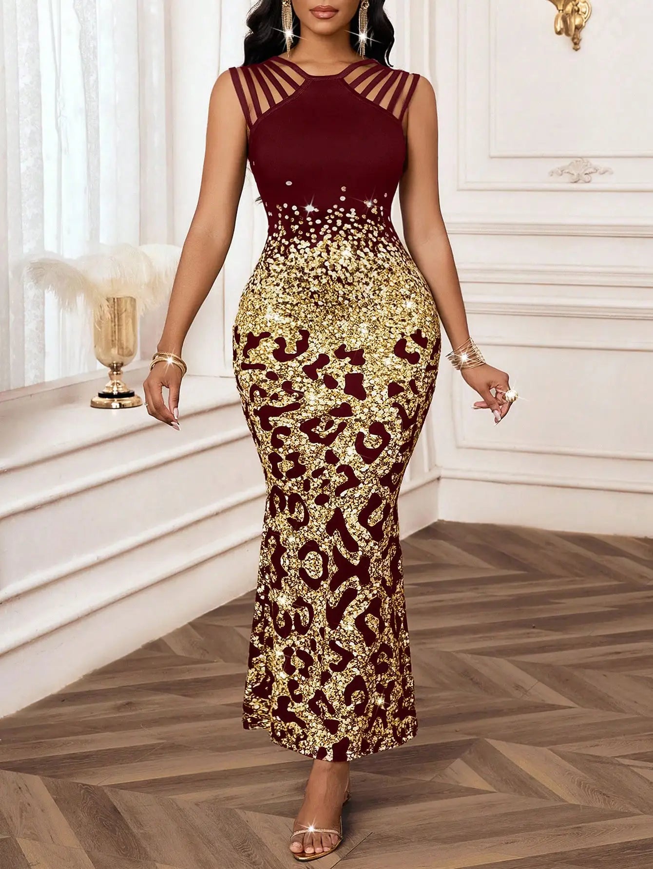 Elegant Leopard Print Fishtail Hem Burgundy Evening Dress With Hollow Out Detail