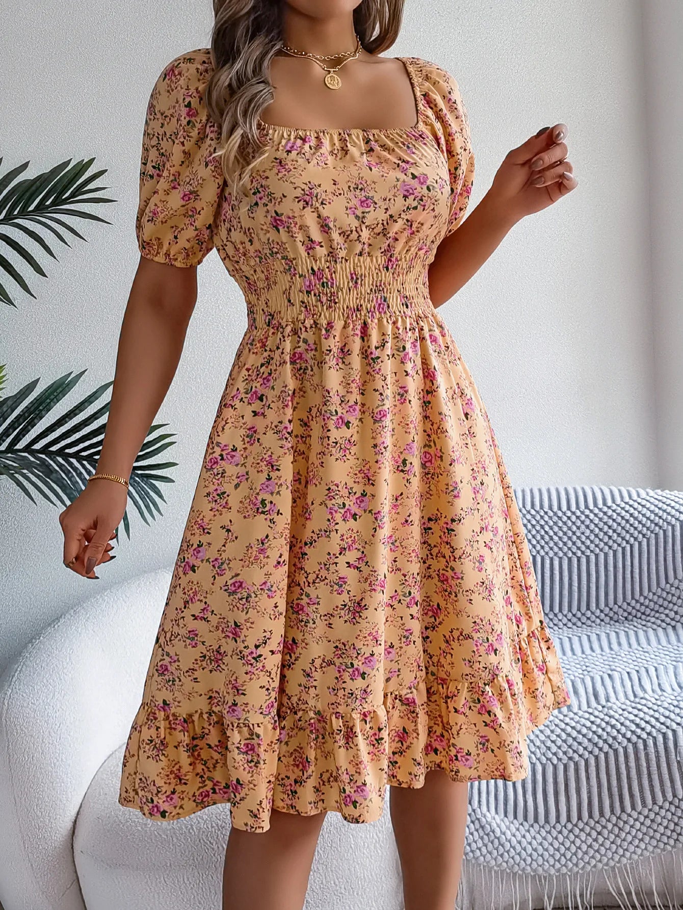 Summer Women's Beach Dress Floral 3D Print Square Neck Short-Sleeved Ladies Waist Ruffled A-Line Dress For Women Holiday Dresses