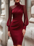 2026 Summer New Fashionable Mesh Lantern Sleeve Sleeve Bodycon Midi Dress Elegant Sheer Panel Cocktail Party Formal Evening Wear