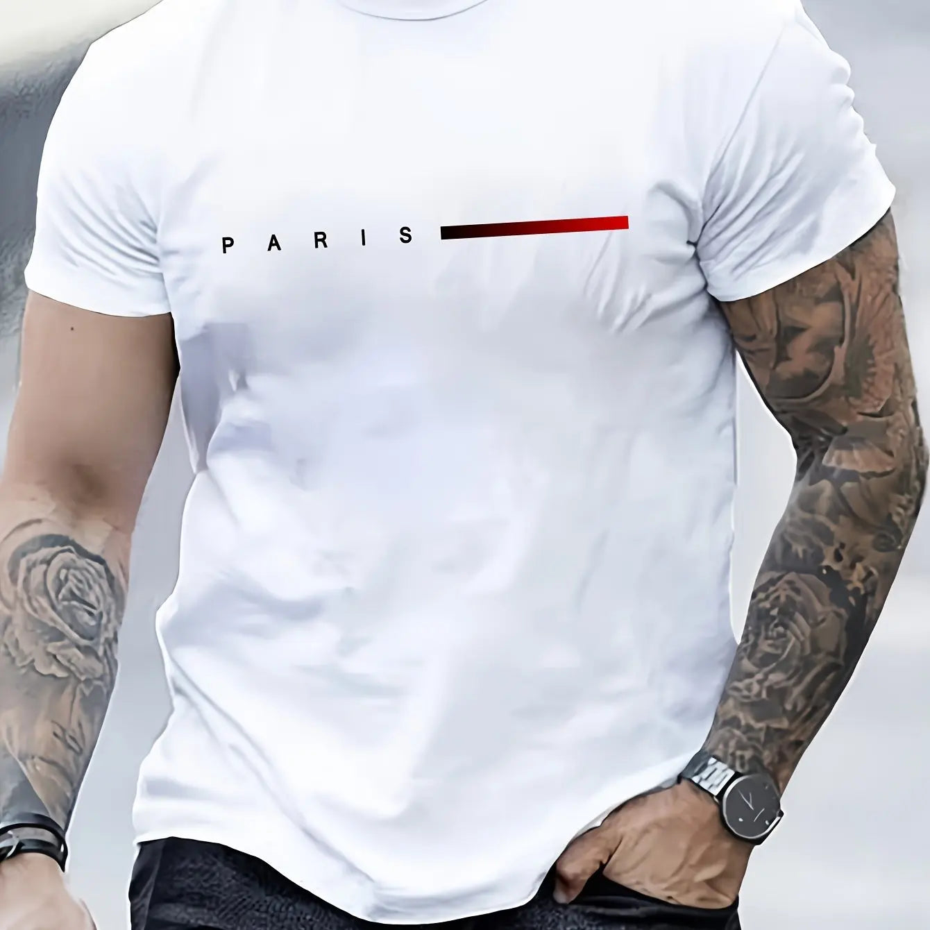 Men's PARIS Letter Print T-Shirt | 100% Cotton Slim Fit Casual Tee - EXPRESS STORE