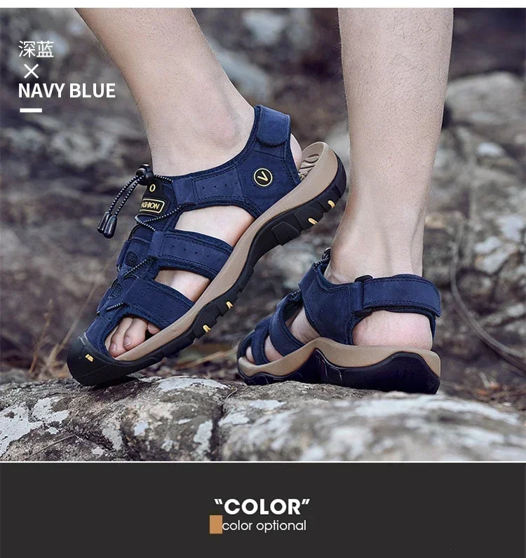 Summer Sandals Leather Outdoor Men Beach Shoes Luxury Breathable Casual Sandal Man Wading Shoes Non-slip Wide lining Slippers