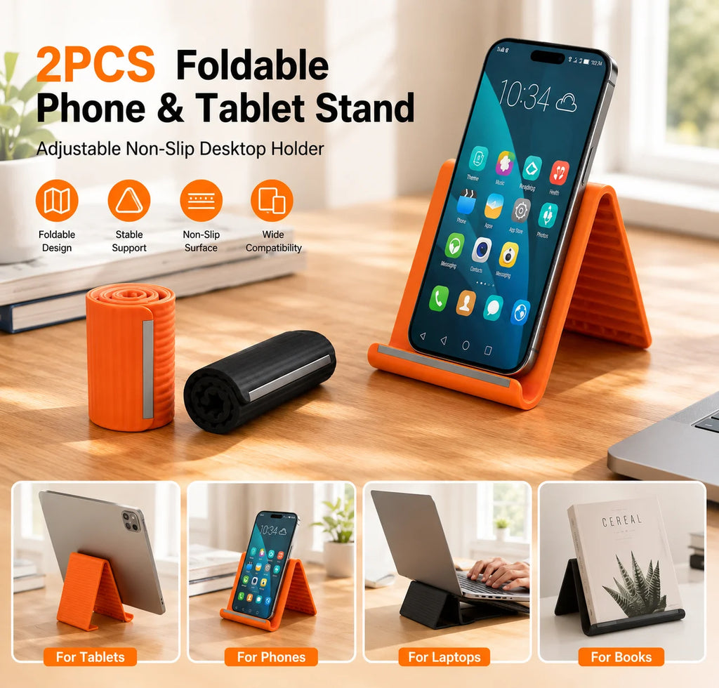 2PCS Foldable Silicone Phone and Tablet Stand, Adjustable Non-Slip Desktop Holder, Portable Device Stand for Home, Office and Travel
