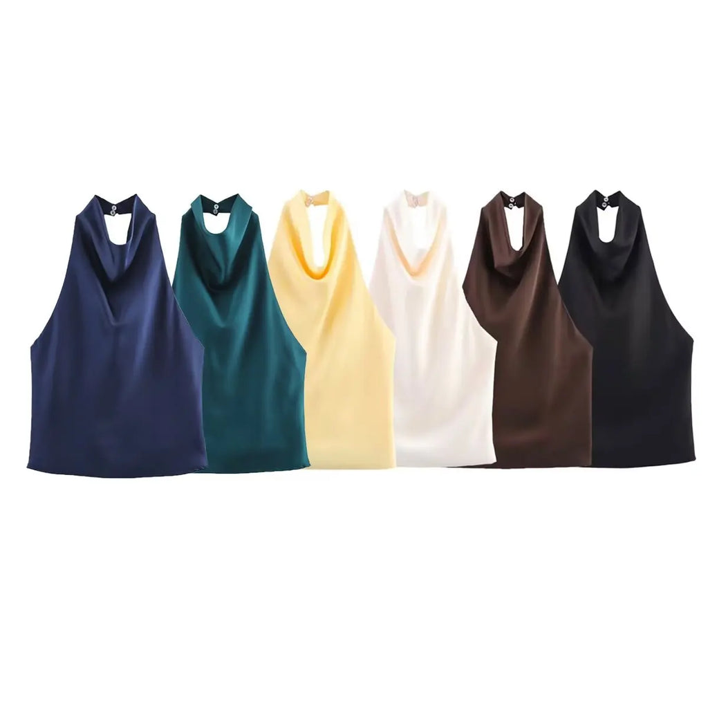 Zevity 2025 Women Chic Solid Color Sleeveless Soft Touch Halter Camis Tank Lady Backless Summer Beach Shirt Blouse Tops LS9365