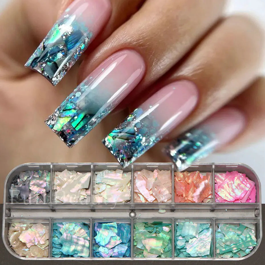 6/12Grid Abalone Sea Shell for Nails Holographic Mirror Nail Art Glitter Flakes Rainbow Mermaid Irregular Sequins Manicure Decor