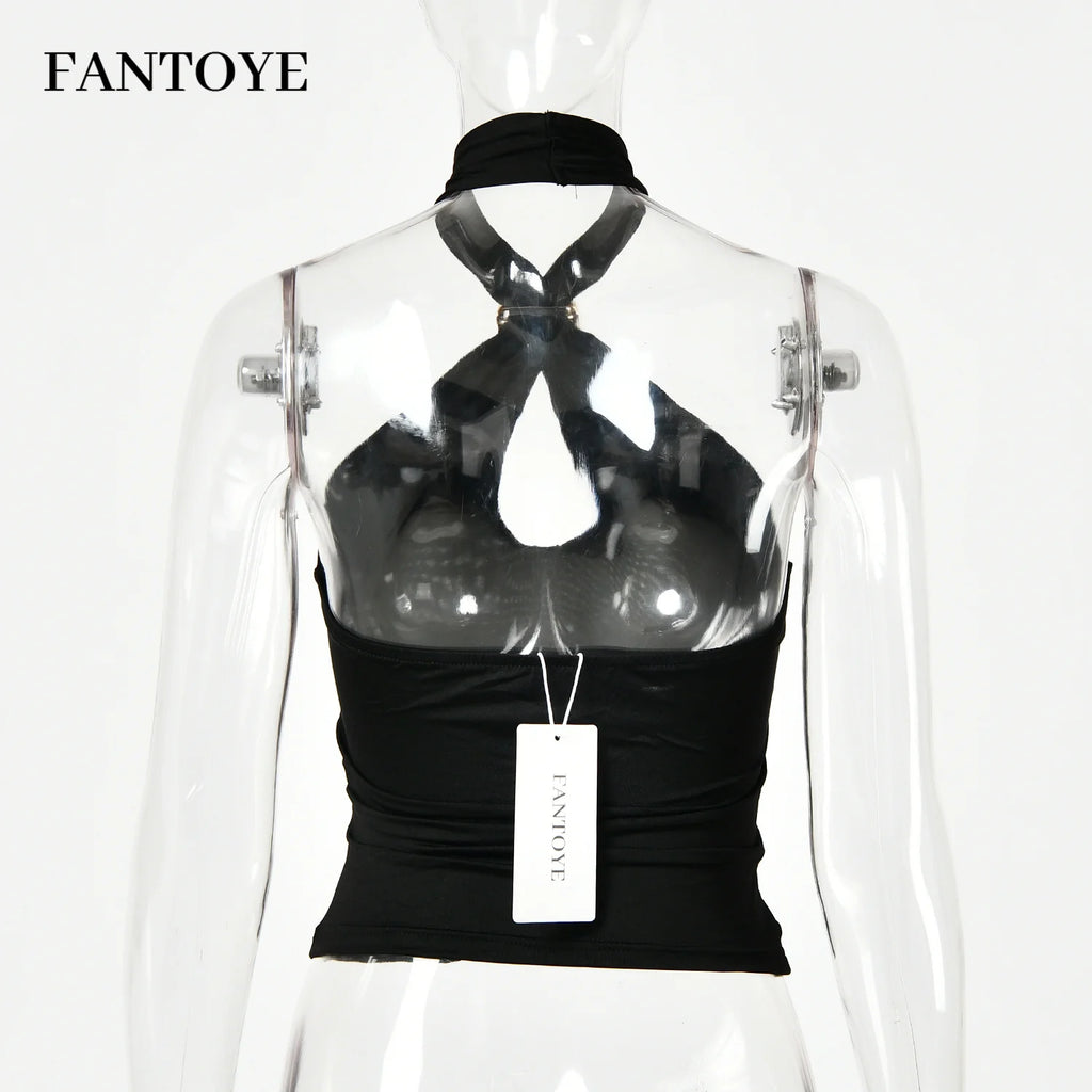 Fantoye Sexy Backless Metal Ring Halter Women Top Black Hollow Out Off Shoulder Crop Vest Female Summer Slim Elegant Streetwear