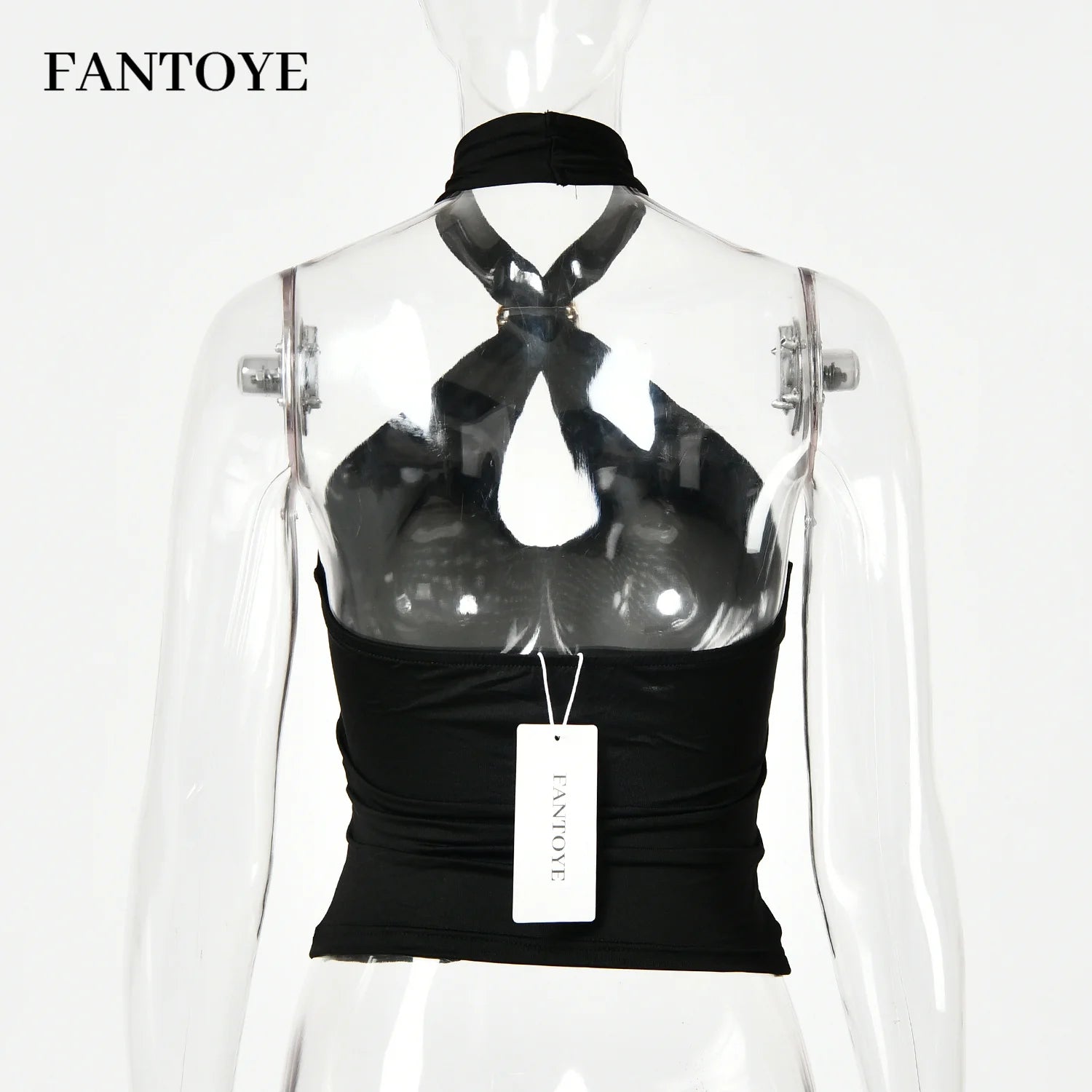 Fantoye Sexy Backless Metal Ring Halter Women Top Black Hollow Out Off Shoulder Crop Vest Female Summer Slim Elegant Streetwear