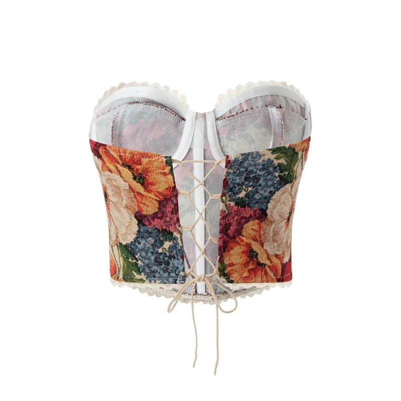 Vintage Flower Print Strapless Bandage Lace Fishbone Camisoles Women Summer Slim Fit Crop Tops Streetwear Tank 2025 Tube Tops