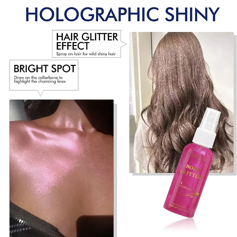 Glitter Hair Shimmer Spray,Multi-Purpose Body & Face Fine Mist Body Glow Body Highlighter Flakes Face,Body Hair Spray Makeup
