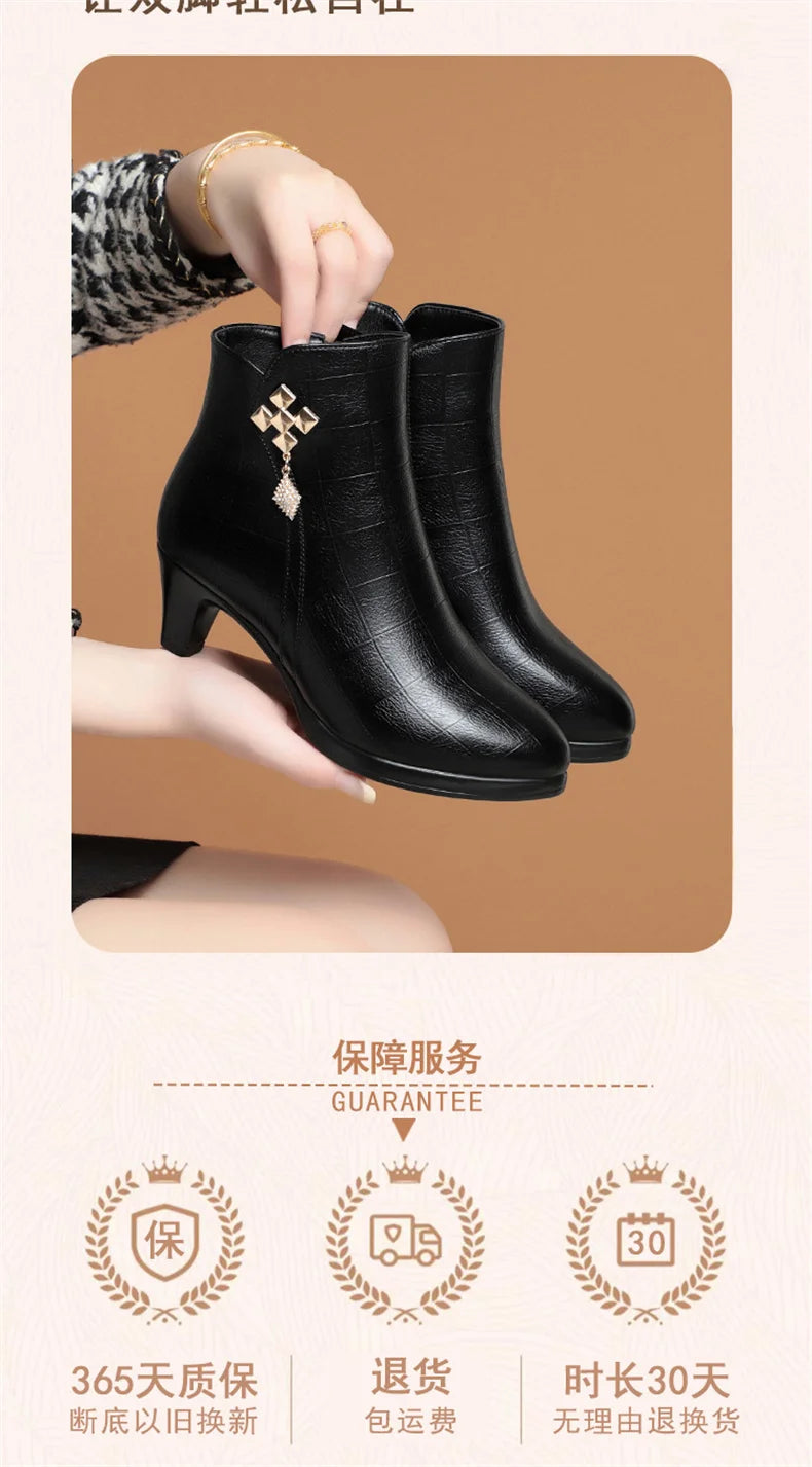 Women High Heels Soft Leather Ankle Boots Autumn Winter Platform Plush Boots Brand Fashion Point Toe Middle Heel Cotton Shoes