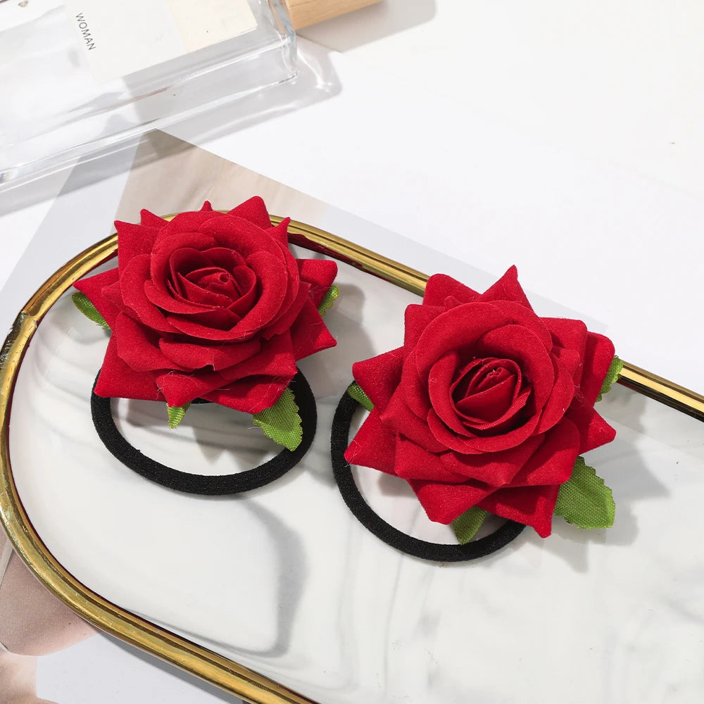 AWAYTR 2pcs New Girls Hair Rope Simulation Flower Cloth Elastic Hair Bands Rose Hair Ties Woman Hair Accesories Wholesale