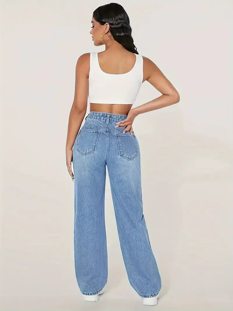 Trendy Wide Leg Distressed Straight Jeans for Women Elastic Casual Bootcut Denim Pants Bestseller Fashionable Ladies Jeans