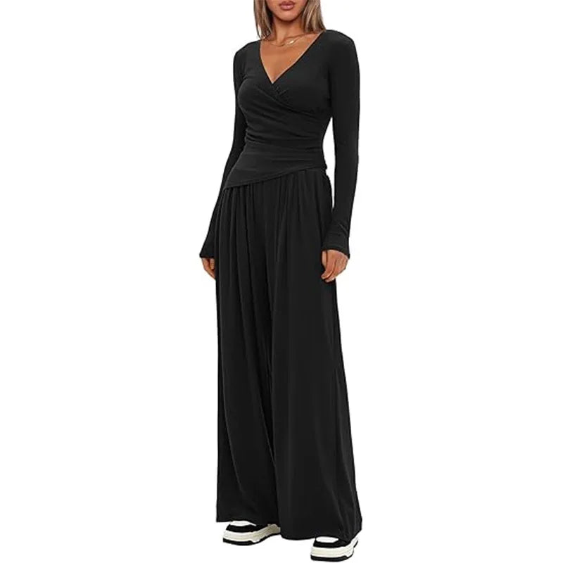 2025 autumn and winter wide leg pants set, women's long sleeved multi occasion sportswear, commuting hot selling item