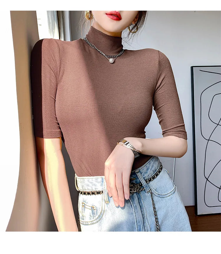 Basic  T Shirt Women Turtleneck Slim Tshirt Short Sleeve T-shirts Female Casual Elasticity White Tee Shirt Femme Woman Top