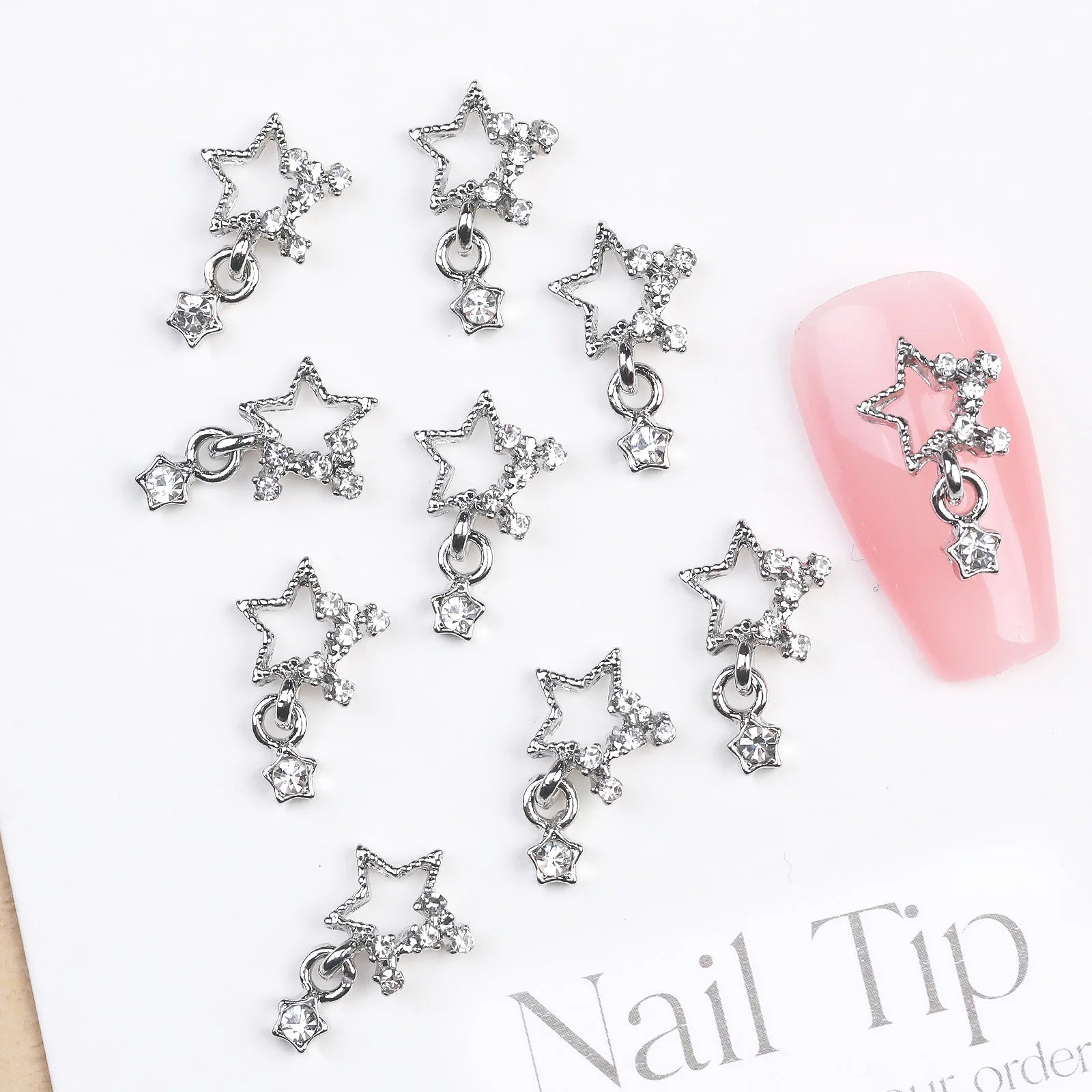 10/20PCs Silver Star Nail Charms With Rhinestones Shiny 3D Alloy Heart Nail Jewelry Y2K Charms For Acrylic Nails Decoration