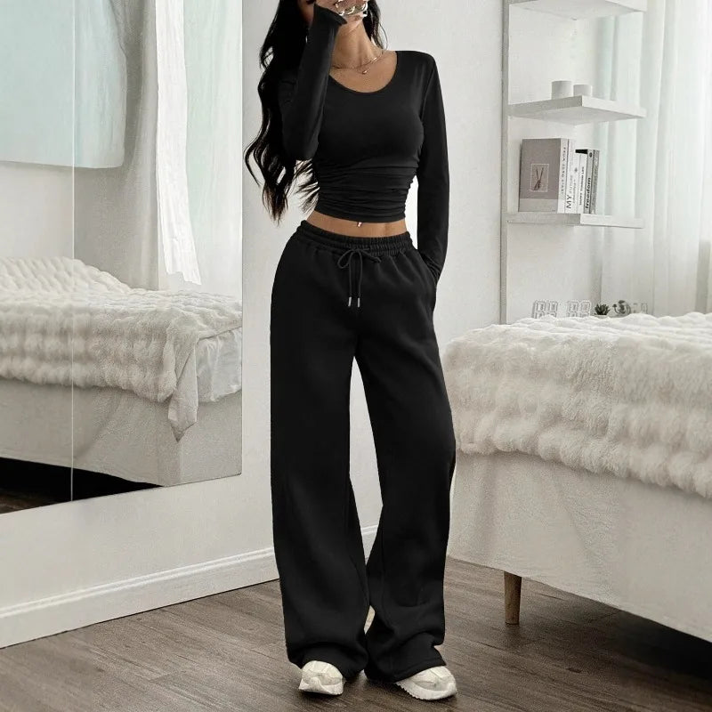 Women's Fashion Casual Wide Leg Pants Long Sleeve Crew Neck Solid Color Slim Two-piece Autumn and Winter Suit