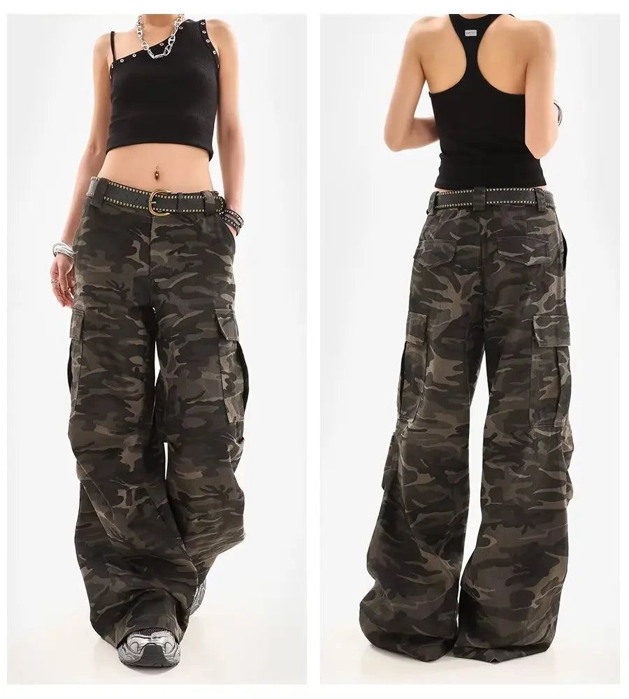American Retro High Street Casual Overalls Camouflage Loose Wide Leg Pants For Women Y2k Hip-hop Cargo Grunge Baggy Trousers