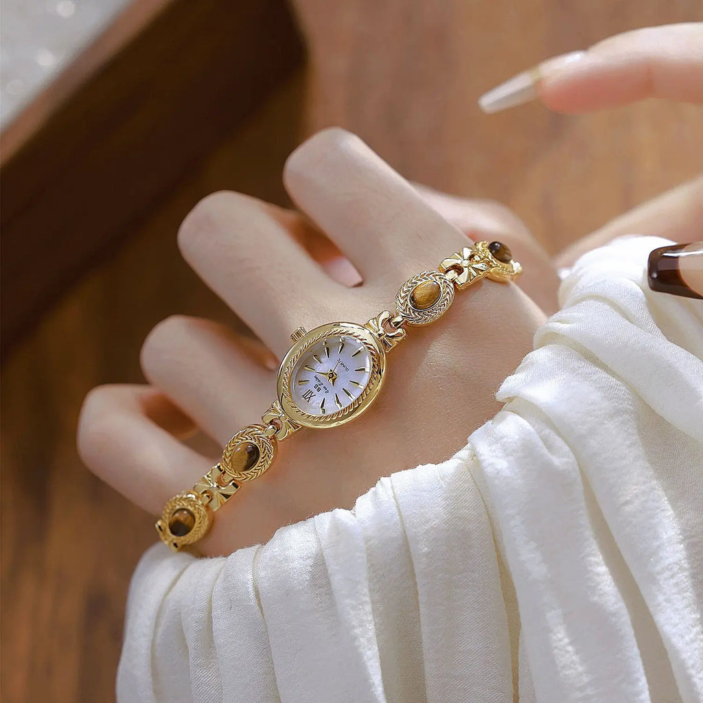 Women's Watch Natural Jade Bracelet Vintage Small Oval Dial Gold Retro Watches Luxury Brand Women Quartz Wristwatches Clock Gift
