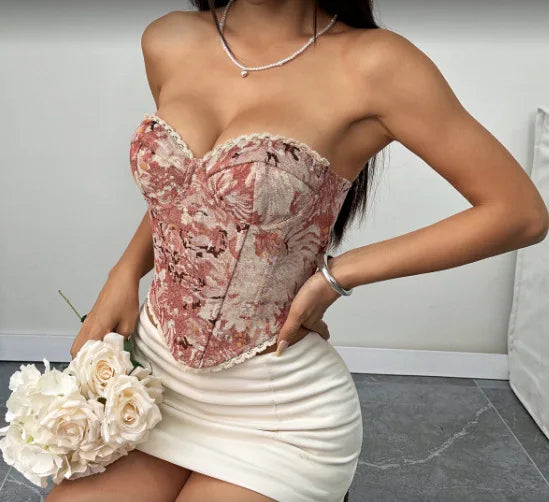 Vintage Flower Print Strapless Bandage Lace Fishbone Camisoles Women Summer Slim Fit Crop Tops Streetwear Tank 2025 Tube Tops
