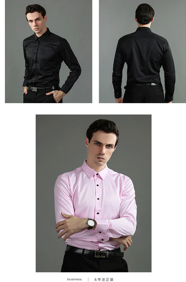 Plus Size 7XL 6XL High Elasticity Seamless Spandex Shirt Men Long Sleeve Slim Fit Casual Solid Color Social Formal Dress Shirts