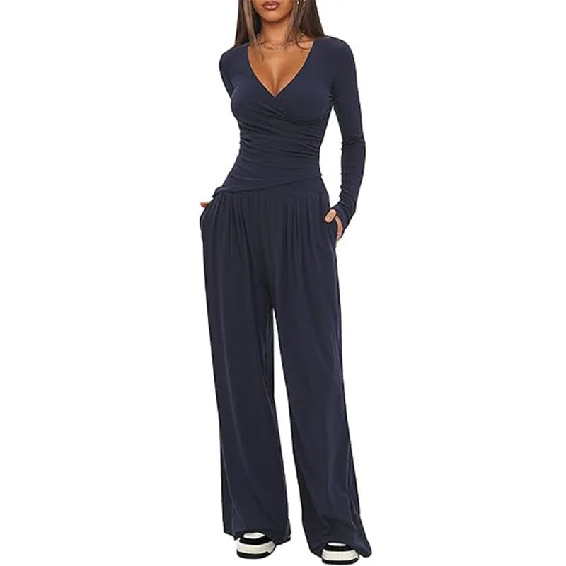 2025 autumn and winter wide leg pants set, women's long sleeved multi occasion sportswear, commuting hot selling item