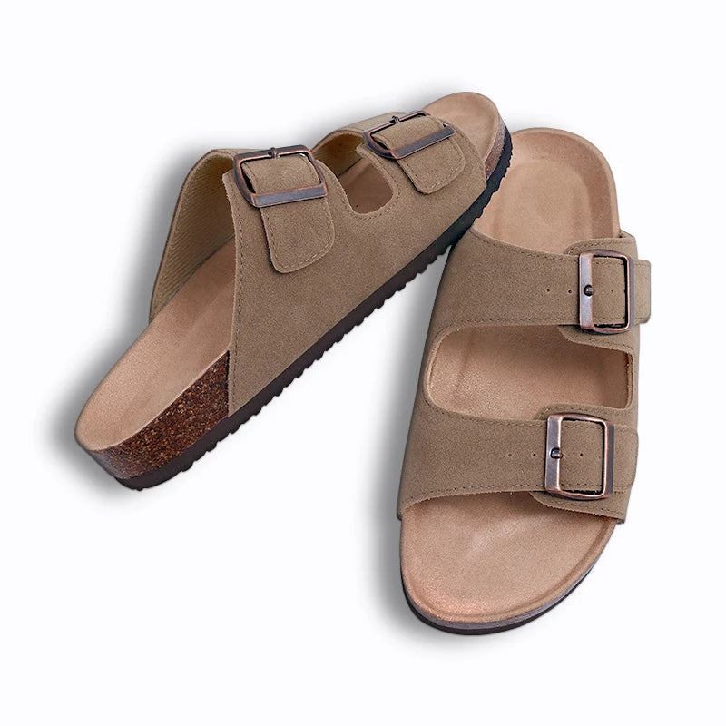 Litfun Women's Cork Footbed Sandals Classic Flat Sandals Fashion Thick Bottom Double Buckle Slides Beach Sandals With Adjustable