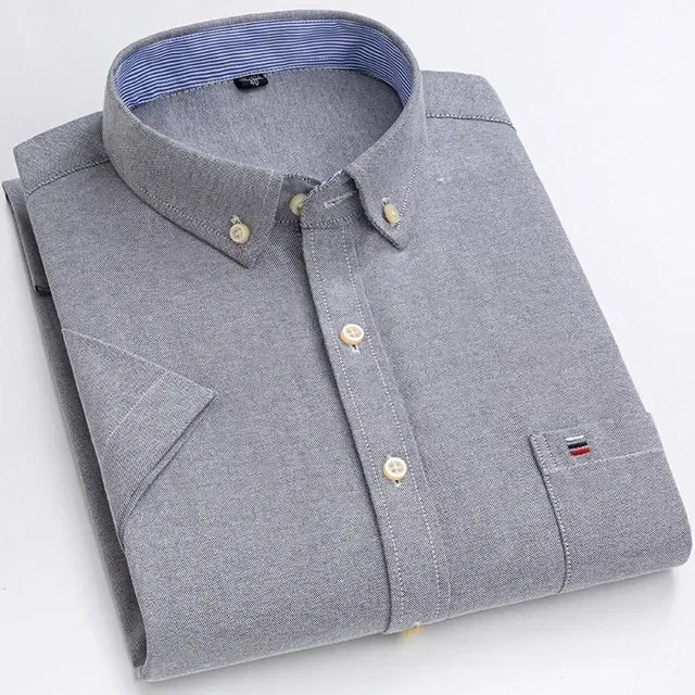 2026 100% Pure Cotton Men's Oxford Short Sleeve Square Collar Soild Plaid Striped Summer Casual Shirts Single Pocket  Shirt