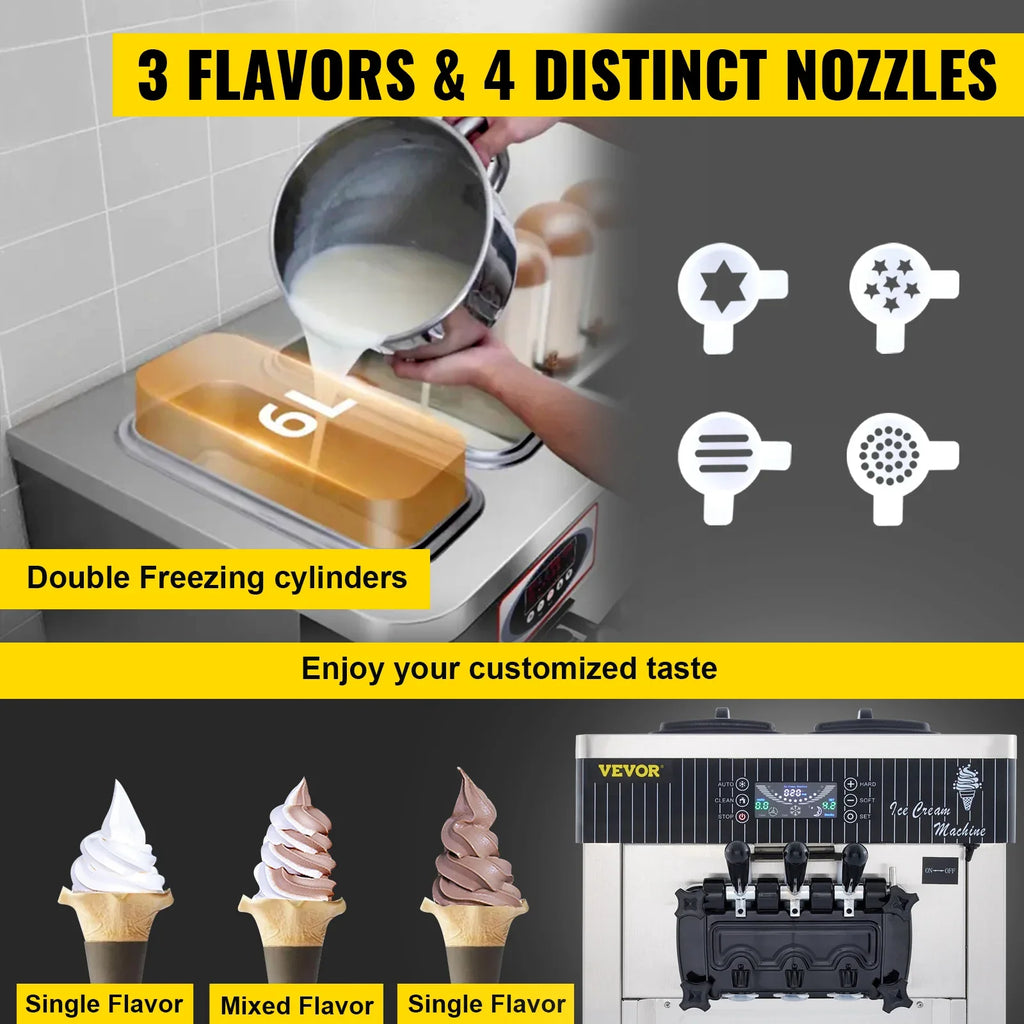 VEVOR Commercial Ice Cream Machine 5.3 to 7.4Gal per Hour Soft Serve with LED Display Auto Clean 3 Flavors for Restaurant