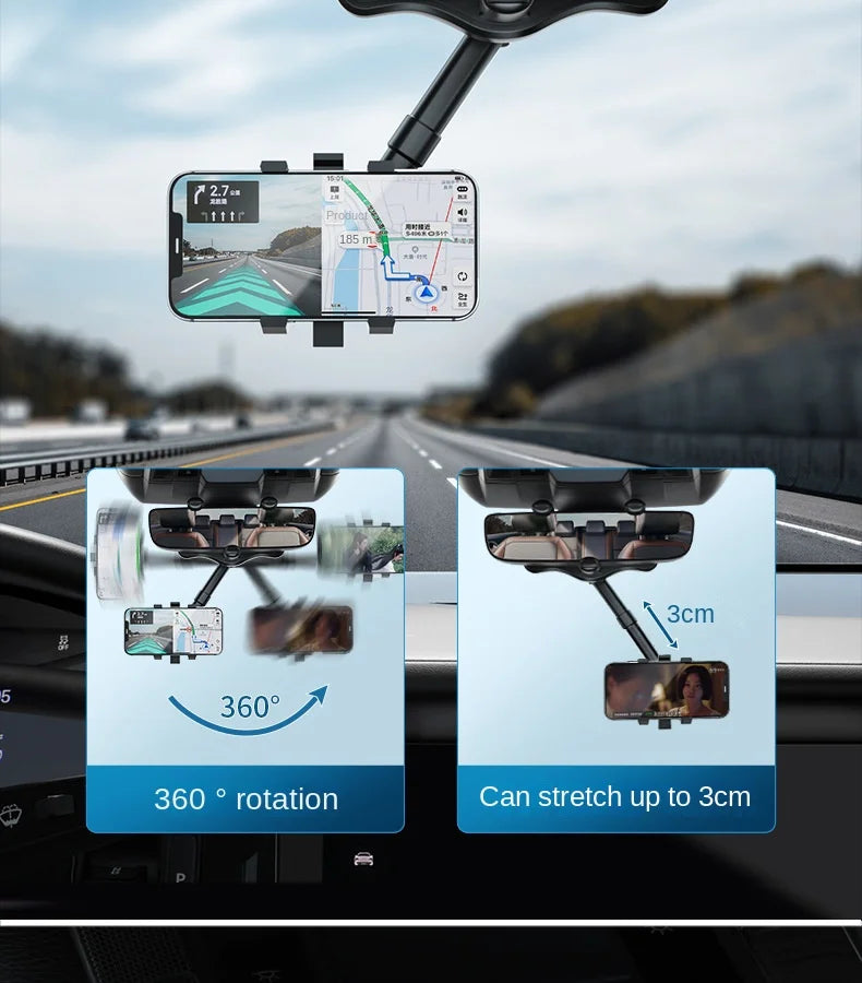 360° Car Rearview Mirror Phone Holder Mount Phone and GPS Holder Universal Rotating Adjustable Telescopic Phone Stand Support