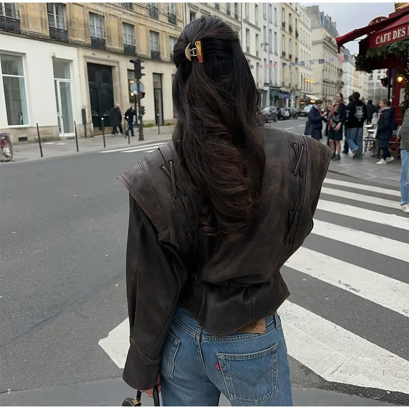 Women Fashion V-neck Lapel Belt Leather Jacket Chic Lace Up High Waist Full Sleeve Overcoat 2025 Lady Autumn High Street Outwear