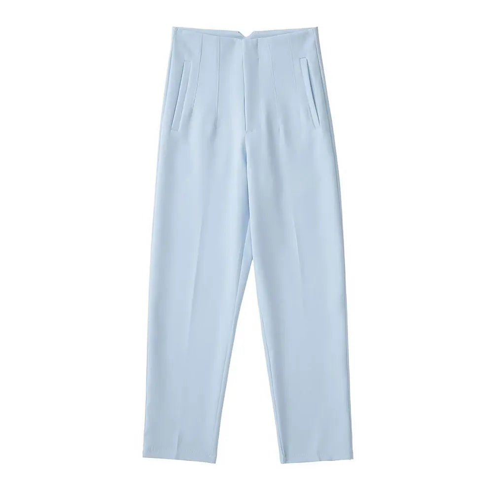 DUOPERI Women Fashion Solid Basic High Waist Trousers Chic Female Office Lady Casual Business Workwear Long Pant