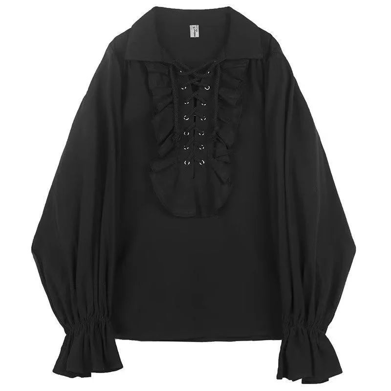 2025 New Women Pirate Shirt Vampire Prince Poet Shirts Medieval Buccaneer Frills Lace Up Renaissance Vintage Gothic Blouse Tops