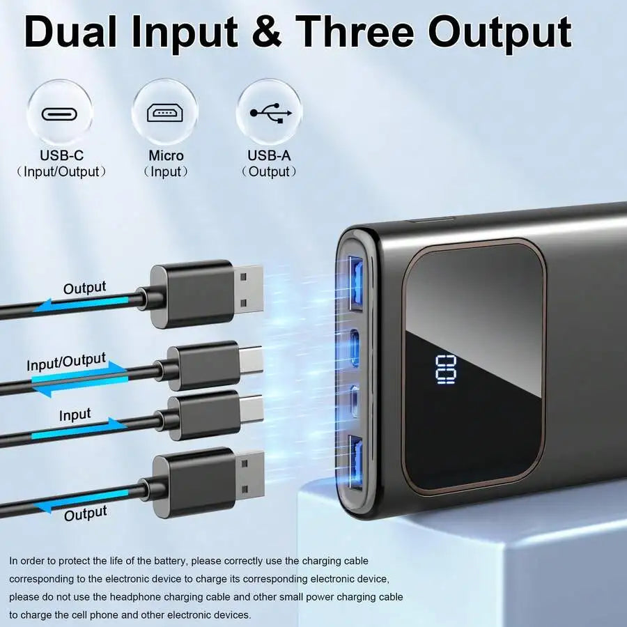 20000mAh 22.5W Fast Charging Power Bank, USB-C input and output equipped with LED display. Supports PD3.0 & QC4.0, compatible with iPhone and Android devices, black portable battery pack.