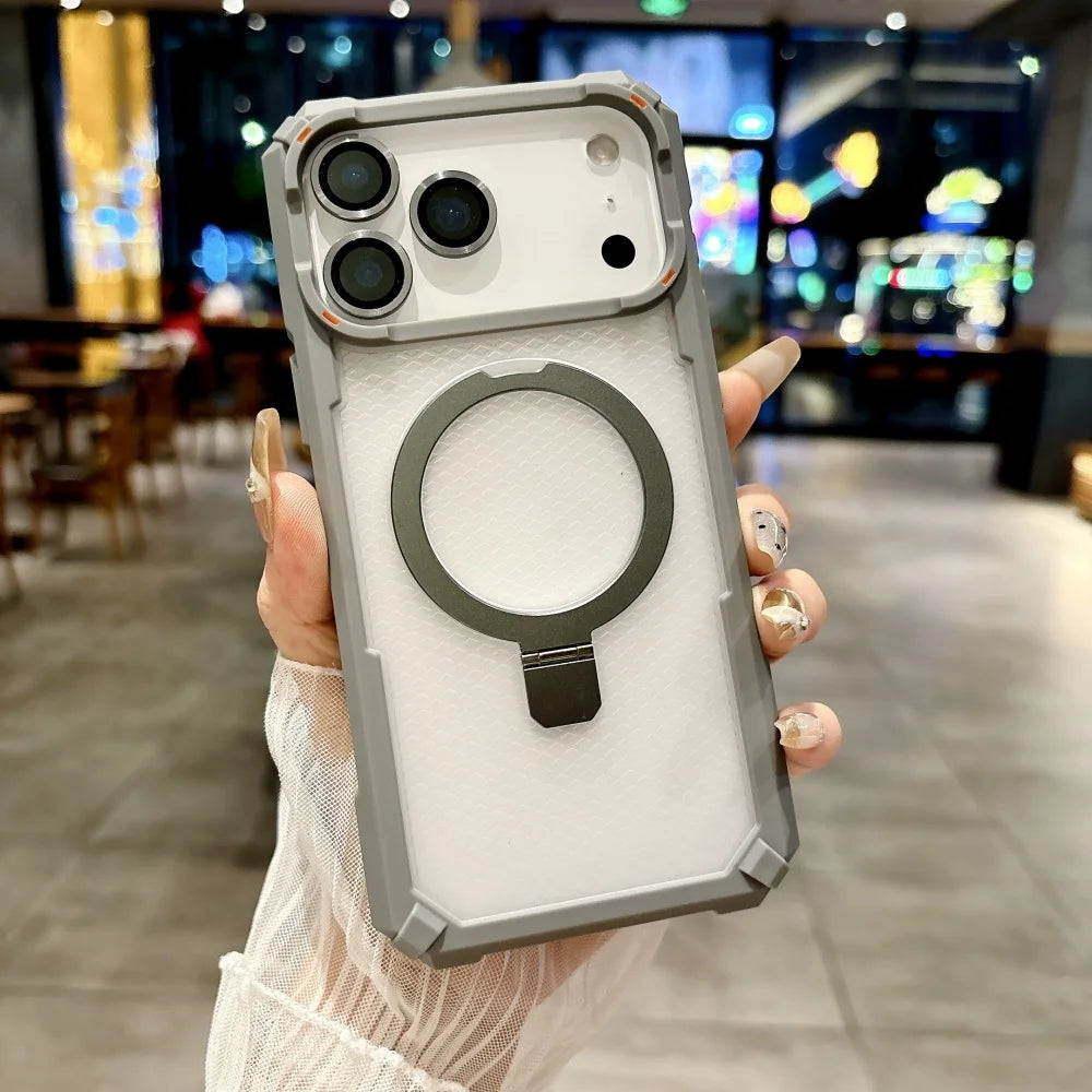 Rugged Shockproof Metal Magnetic Case For iPhone 17 Air 16 15 14 13 12 Pro Max Plus Holder With Camera Glass Ring Armor Cover