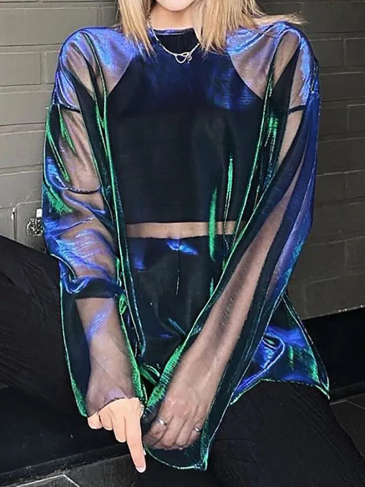 See Through T Shirts For Women Y2k Clothes Sexy Crop Tops Long Sleeve Oversized Tshirt O-Neck Club Outfit Reflective Egirl Tees