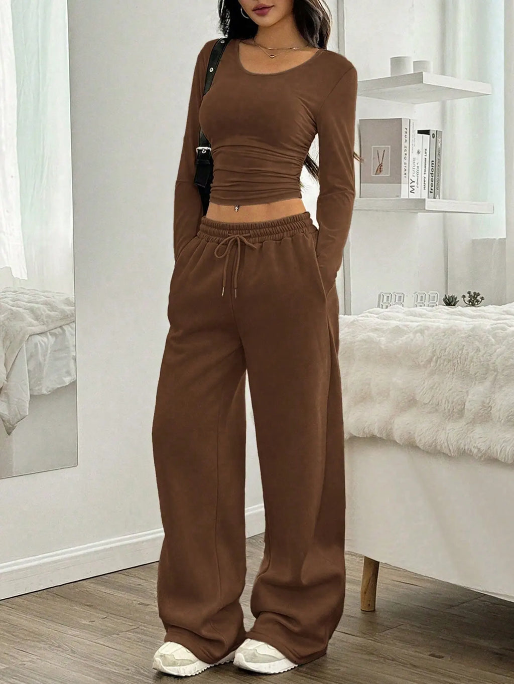 Women's Fashion Casual Wide Leg Pants Long Sleeve Crew Neck Solid Color Slim Two-piece Autumn and Winter Suit