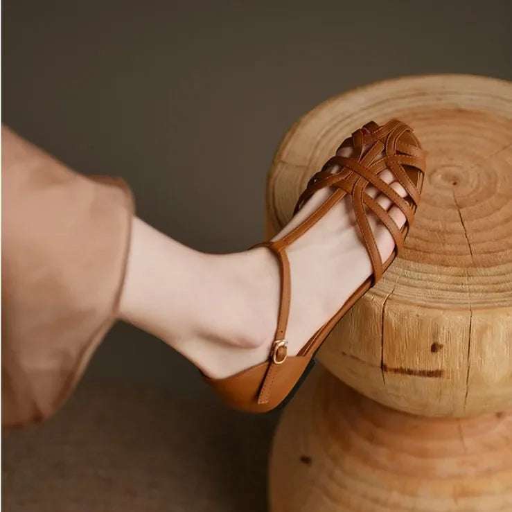 Shoes Female Sandal 2025 Women's Girls Beige New Summer Comfort Low Retro Flat Back Strap Square heel Rubber PU Scandals