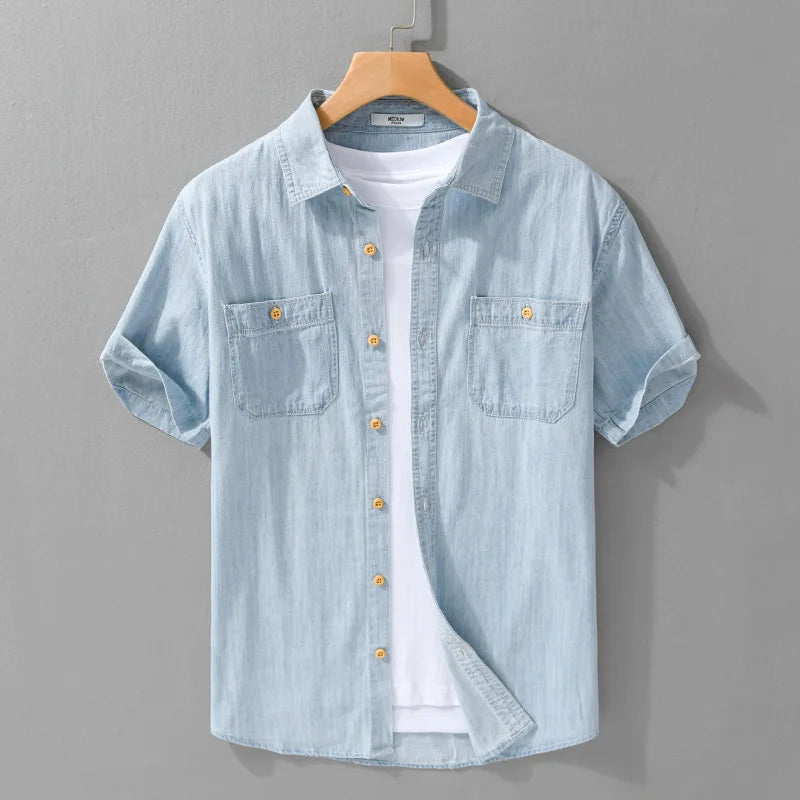 Summer New Casual Denim Short Sleeve Shirts Men Clothing Pure Cotton Slim and Thin Soft Streetwear FY9358