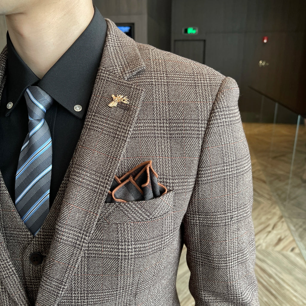 British Korean Style High Quality Modified Plaid Three-Piece Suit for Men - Stylish Business Casual Suit Vest And Trousers Set