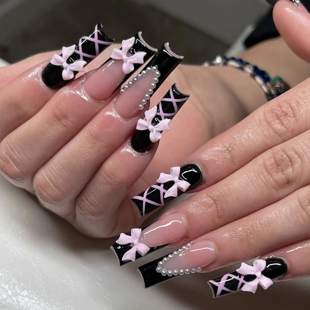 24Pcs Gold French Border False Nails Long Coffin False Nails with Rhinestones Ballerina Full Cover Nail Tips Press on Nails 2030